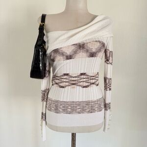 Vintage Y2K Off the Shoulder Long Sleeve Ribbed Sweater Sz S Cowl Neck Striped